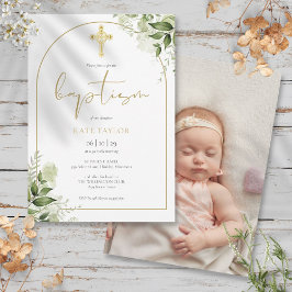 Elegante Gouden Boog Groene Bloem Doop Foto Kaart