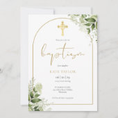Elegante Gouden Boog Groene Bloem Doop QR Code Kaart (Voorkant)