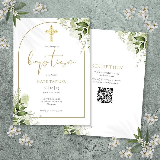 Elegante Gouden Boog Groene Bloem Doop QR Code Kaart