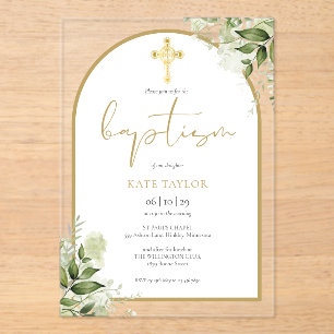 Elegante Gouden Boog Groene Bloemige Blad Baptism Acryl Uitnodigingen
