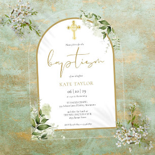 Elegante Gouden Boog Groene Bloemige Blad Baptism Acryl Uitnodigingen