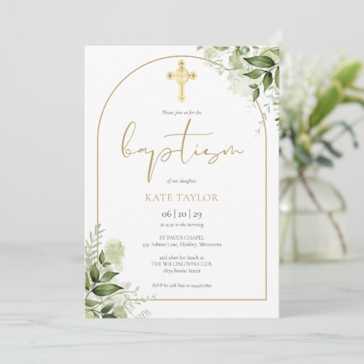Elegante Gouden Boog Groene Bloemige Blad Baptism Kaart (Staand voorkant)