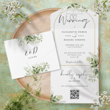 Elegante Gouden Boog Groene Bloemstuk QR Code Trou