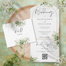 Elegante Gouden Boog Groene Bloemstuk QR Code Trou All In One Uitnodiging