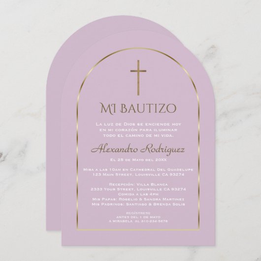 Elegante Gouden Boog Paarse Spaanse Doop  Kaart (Voorkant / Achterkant)