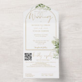 Elegante Gouden Boog QR Code Groene Bloemen Bruilo All In One Uitnodiging (Binnen)
