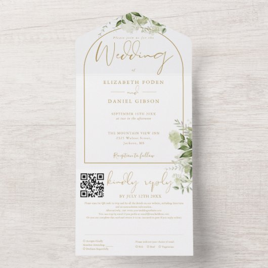 Elegante Gouden Boog QR Code Groene Bloemen Bruilo All In One Uitnodiging (Binnen)