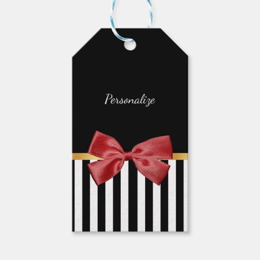 Elegante Gouden Boog Zwart-witte Strepen met Naam Cadeaulabel (Voorkant)