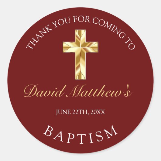 Elegante gouden bordeauxrode baby doop dank je sti ronde sticker (Voorkant)