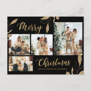 Elegante Gouden Botanische 4 Foto Collage Kerst P Briefkaart