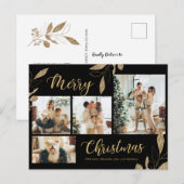 Elegante Gouden Botanische 4 Foto Collage Kerst P Briefkaart (Voorkant / Achterkant)