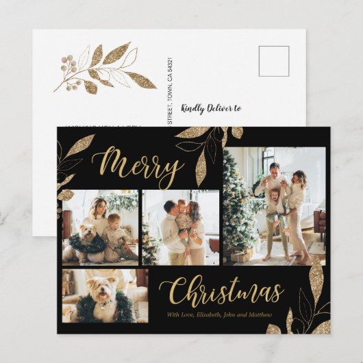 Elegante Gouden Botanische 4 Foto Collage Kerst P Briefkaart (Voorkant / Achterkant)