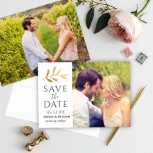 Elegante Gouden Botanische Blad Twee Foto Huwelijk