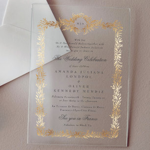 Elegante gouden botanische kader monogram trouwfee acryl uitnodigingen