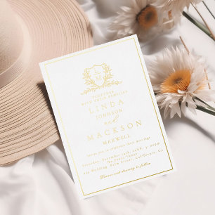 Elegante gouden botanische kuif monogram trouw fo folie uitnodiging