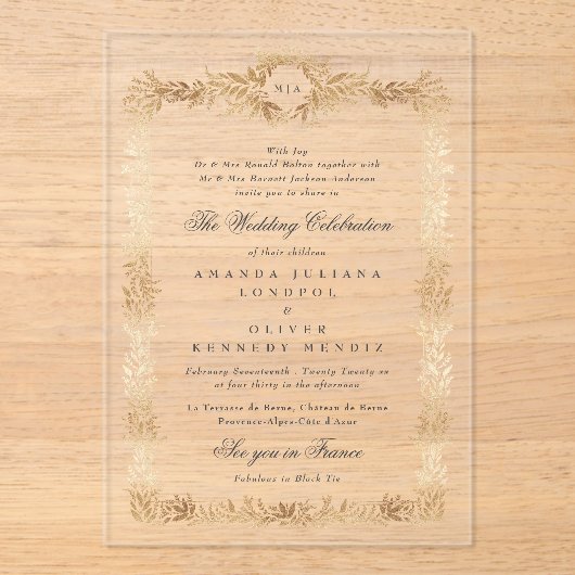 Elegante gouden botanische lijst monogram bruiloft acryl uitnodigingen (Voorkant)