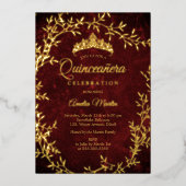 Elegante gouden Bourgogne Blad Krans Quinceanera Folie Uitnodiging (Voorkant)