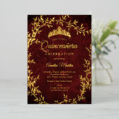 Elegante gouden Bourgogne Blad Krans Quinceanera Folie Uitnodiging (Staand Voorkant)