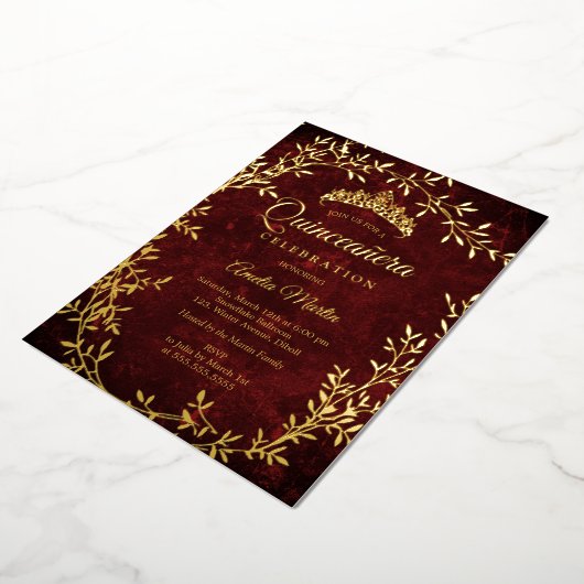 Elegante gouden Bourgogne Blad Krans Quinceanera Folie Uitnodiging (Gedraaid)