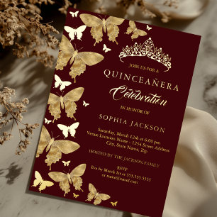 Elegante Gouden Bourgondië Vlinder Quinceanera Folie Uitnodiging