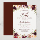 Elegante gouden Bourgondische Bloemen 20e Verjaard Kaart (Voorkant / Achterkant)