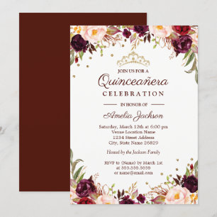 Elegante gouden bourgondische bloemige Quinceanera Kaart