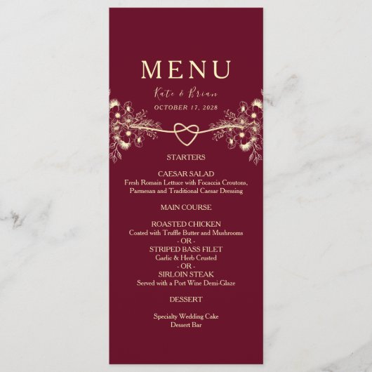 Elegante gouden Bourgondische bruiloft menu Kaart (Voorkant)
