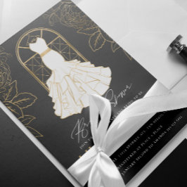 Elegante gouden bruidsjurk bruidsdouche uitnodigin kaart