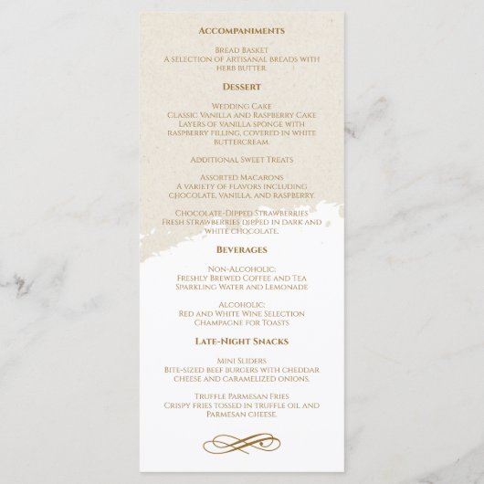 Elegante gouden bruiloftsmenu in script programmakaart (Achterkant)
