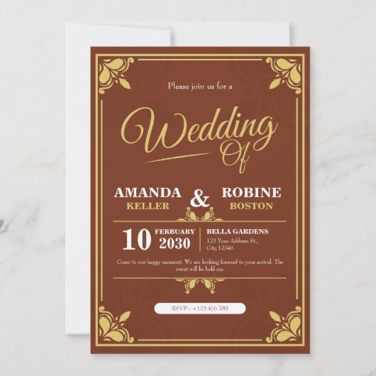 Elegante gouden & bruine bruiloft uitnodiging (Voorkant)