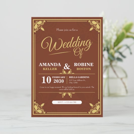 Elegante gouden & bruine bruiloft uitnodiging (Staand voorkant)