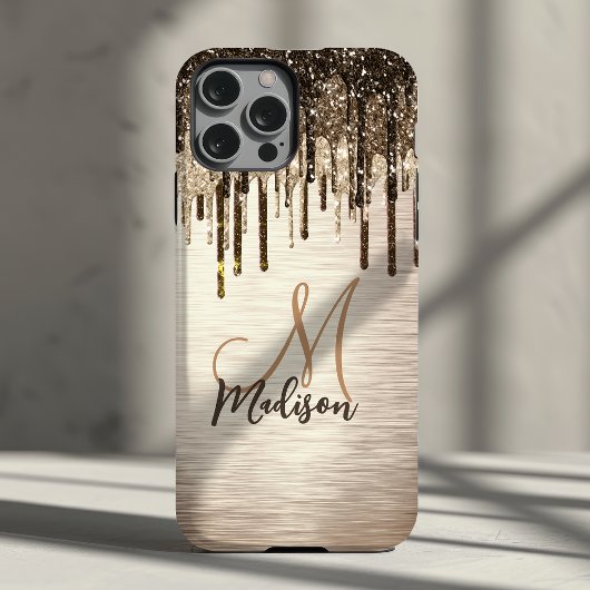 Elegante gouden bruine druppels glitters monogram Case-Mate iPhone case