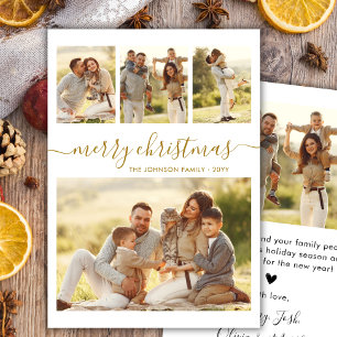 Elegante Gouden Calligrafie 4 Foto Collage Kerstmi Feestdagenkaart