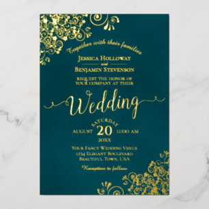 Elegante Gouden Calligrafie Donker Turquoise Weder Folie Uitnodiging