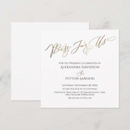 Elegante Gouden Calligrafie "Kom bij ons" Bruiloft Kaart (Voorkant / Achterkant)