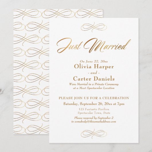 Elegante Gouden Calligrafie Net Getrouwd Ontvangst Kaart (Voorkant / Achterkant)