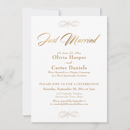 Elegante Gouden Calligrafie Pas Getrouwd Ontvangst Kaart (Voorkant)