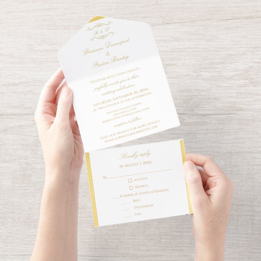Elegante Gouden Calligrafie Script Monogram Huweli All In One Uitnodiging (Uittrekbaar)