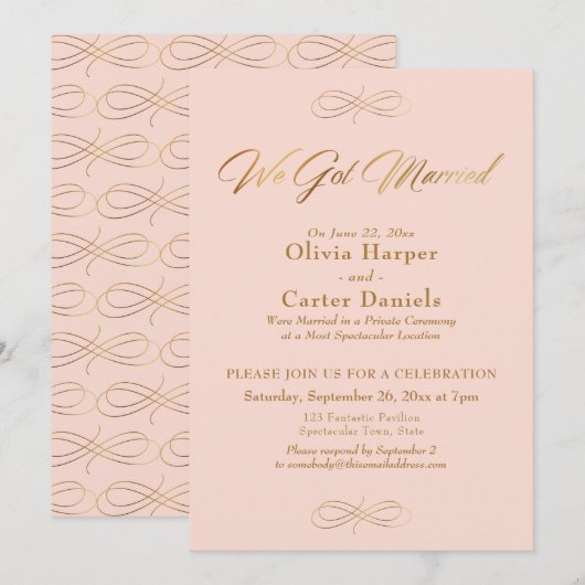 Elegante Gouden Calligrafie We Zijn Getrouwd Roze  Kaart (Voorkant / Achterkant)