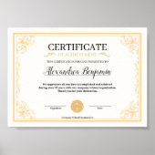 Elegante Gouden Certificaat van Prestatie Sjabloon Poster (Voorkant)