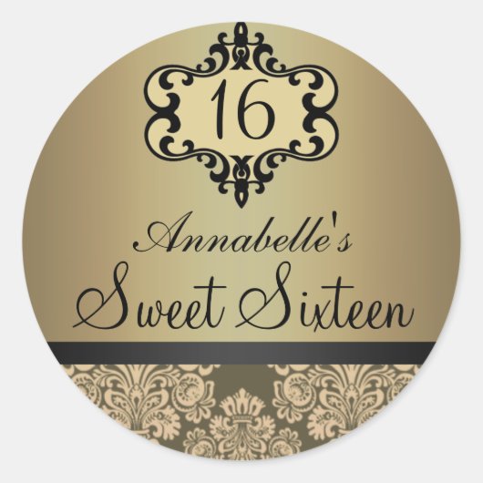 Elegante Gouden Chic Damast Sweet 16 Sticker (Voorkant)