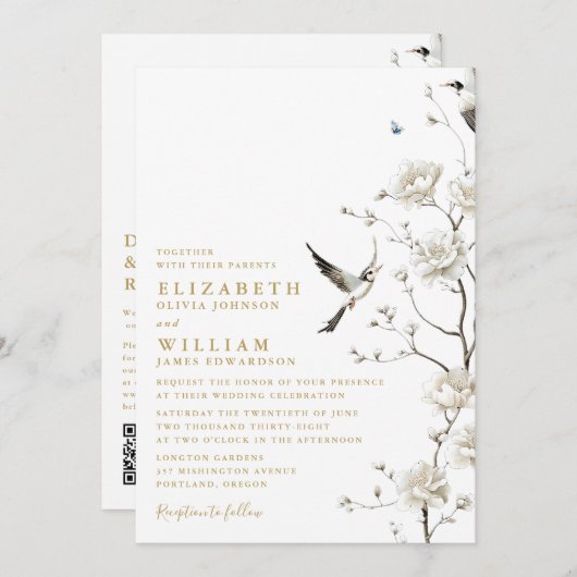 Elegante gouden Chinoiserie Bloemen QR Code Huweli Kaart (Voorkant / Achterkant)