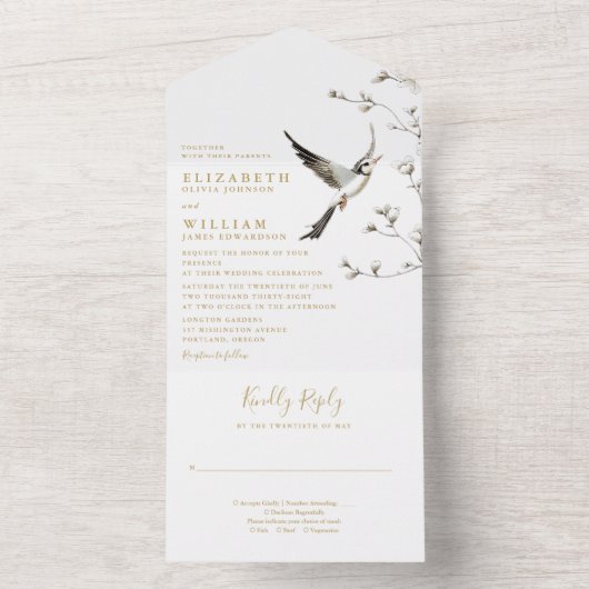 Elegante gouden Chinoiserie Bloementuin Trouwen All In One Uitnodiging (Binnen)