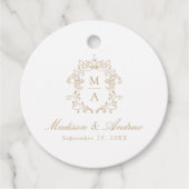 Elegante Gouden Chinoiserie Crest Monogram Huwelij Bedankjes Labels (Voorkant)