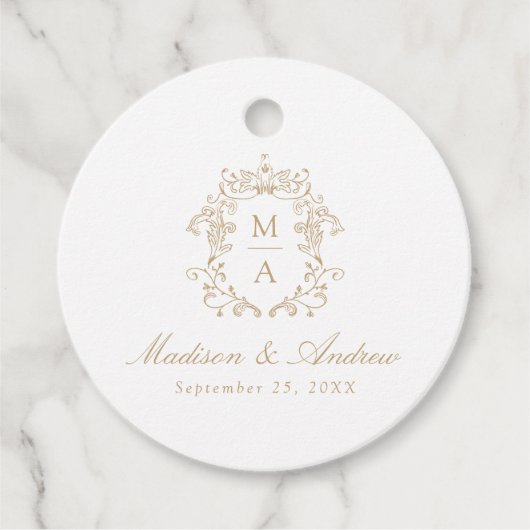 Elegante Gouden Chinoiserie Crest Monogram Huwelij Bedankjes Labels (Voorkant)