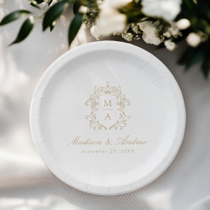 Elegante Gouden Chinoiserie Monogram Wapen Huwelij Papieren Bordje