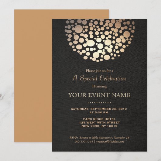 Elegante gouden cirkel bol zwarte formele uitnodig kaart (Voorkant / Achterkant)