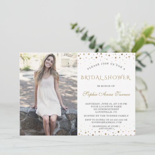 Elegante gouden confetti foto bruidsdouche kaart (Staand voorkant)