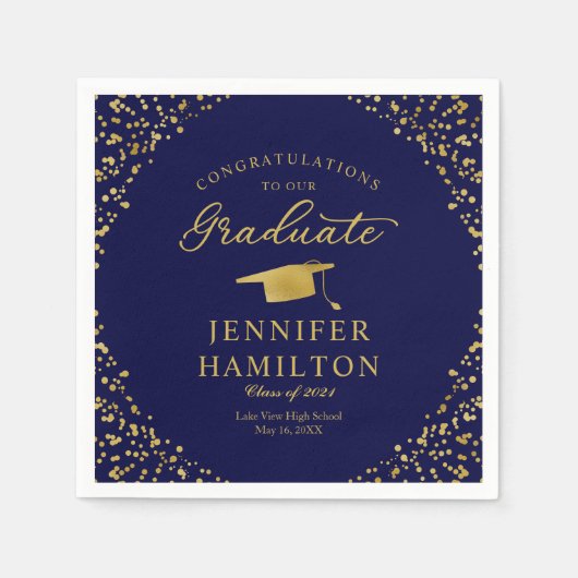 Elegante gouden Confetti op blauw Afstuderen Servet (Voorkant)