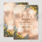 Elegante gouden Confetti, Zonnebloemen Sweet 16 Kaart (Voorkant / Achterkant)